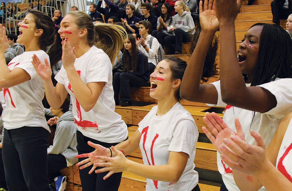 students cheering in stands during a sporting event